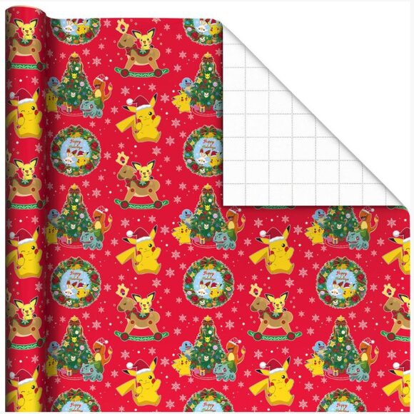Hallmark Wrapping Paper Christmas Pokemon Fun on Red 70 sq ft Jumbo Roll Holiday - Picture 2 of 6